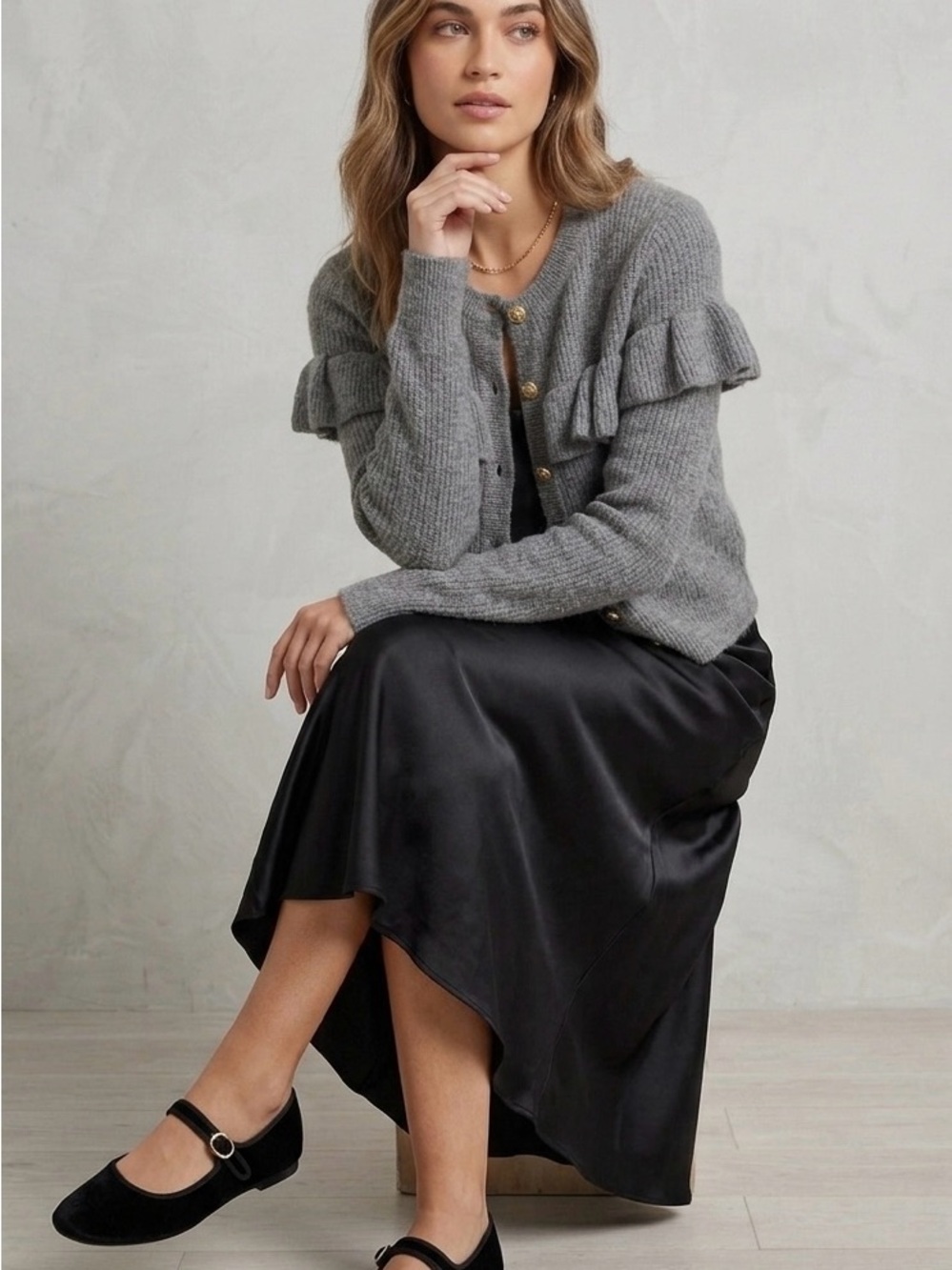 H&M Grey Ruffle-Detail Ribbed Knit Sweater Cardigan - Picture 2 of 13